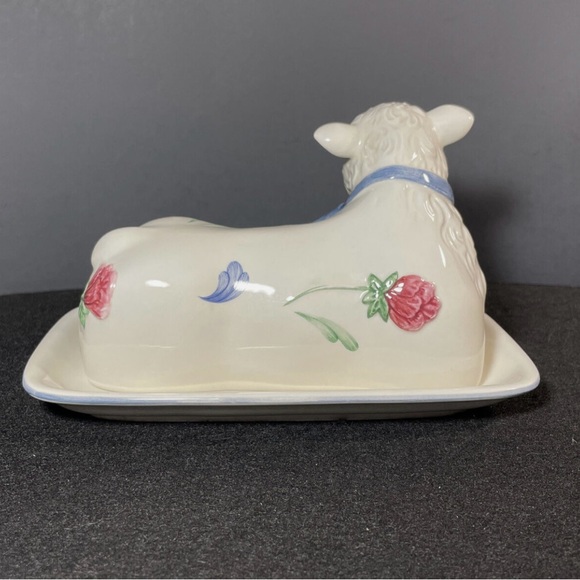 Vintage Leno poppies on blue butter Dish - Picture 4 of 12